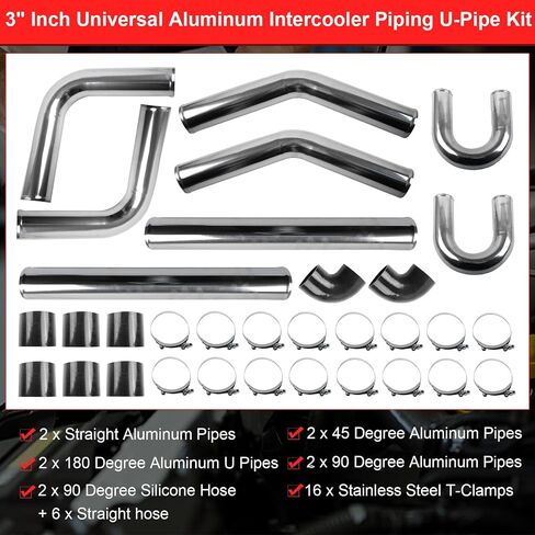 3 بوصة intercooler Kit Universal Aluminium Turbo Intercooler Piping U Kit U-pipe مع مقرنة وأنابيب مخصصة T-clamps ، طول الأنابيب 19.69 "-أزرق in Kuwait