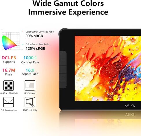 VEIKK Drawing Tablet with Screen 15.6" Graphics Tablet, Studio 16 Art Tablet with 16384 Pen Pressure,Adjustable Stand,Quick Dial and 5 Shortcut Keys, 125% sRGB in Kuwait