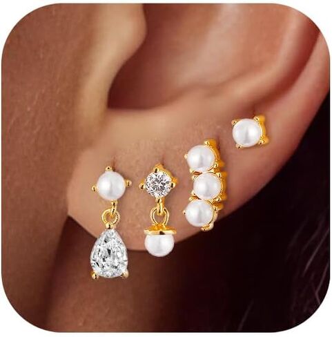 Gold Earrings Set for Women Trendy,18K Gold Plated Stud Pendant Earrings Hypoallergenic,Small Simple CZ Dangle Earrings Stacks in Saudi Arabia