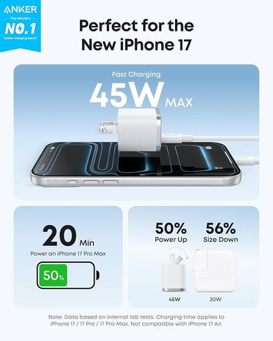 Anker iPhone Charger, 45W Type C Fast Charging, USB C Charger Block | Includes 6FT USB-C Cable and Foldable Plug, for iPhone 17/16 Series,MacBook, Pixel 9, iPad and More in Kuwait