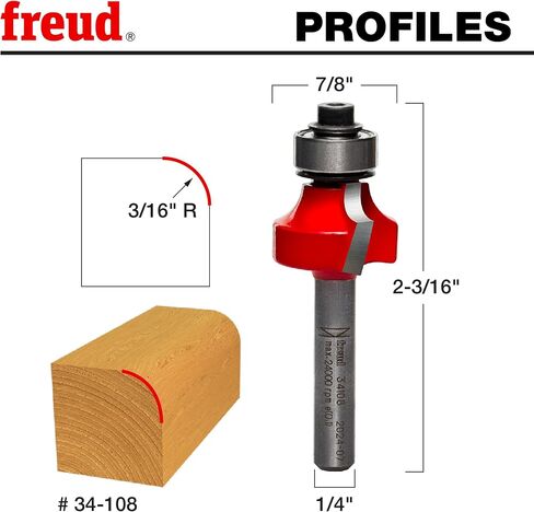 Freud Radius Rounding Over Bit with Perma-Shield Coating and Quadra-Cut Design for Flawless Finish - 2 Cutters, 1/4" Shank Dia., 3/16" Radius, 2-3/16" Length - 34-108 in Saudi Arabia