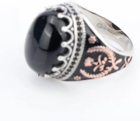 S925 Sterling Silver Men's Agate Ring Silver Black Agate Stone Round Set Cubic Zirconia (CZ) Turkiye Ring Vintage Style Wedding Ring Jewelry Gift Size 7-12 in Saudi Arabia