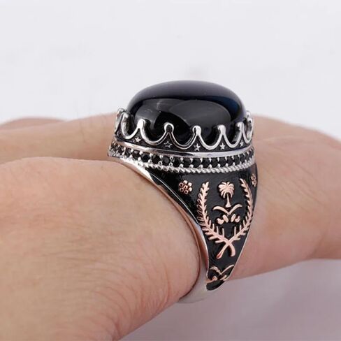 S925 Sterling Silver Men's Agate Ring Silver Black Agate Stone Round Set Cubic Zirconia (CZ) Turkiye Ring Vintage Style Wedding Ring Jewelry Gift Size 7-12 in Saudi Arabia