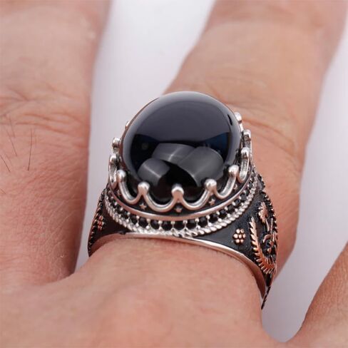 S925 Sterling Silver Men's Agate Ring Silver Black Agate Stone Round Set Cubic Zirconia (CZ) Turkiye Ring Vintage Style Wedding Ring Jewelry Gift Size 7-12 in Saudi Arabia
