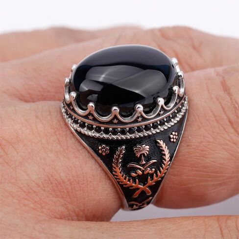 S925 Sterling Silver Men's Agate Ring Silver Black Agate Stone Round Set Cubic Zirconia (CZ) Turkiye Ring Vintage Style Wedding Ring Jewelry Gift Size 7-12 in Saudi Arabia