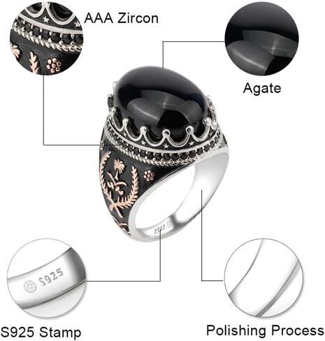 S925 Sterling Silver Men's Agate Ring Silver Black Agate Stone Round Set Cubic Zirconia (CZ) Turkiye Ring Vintage Style Wedding Ring Jewelry Gift Size 7-12 in Saudi Arabia