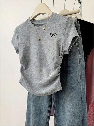 Oyoangle Girl's 3 قطع القوس طباعة الأكمام القصيرة T stirts مجموعة الصيف Ruched Slim مجهزة Tee Tops in Kuwait
