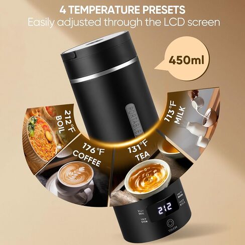 Travel Electric Kettle, Portable Smart Small Hot Water Boiler Tea Coffee Heater 450ML, 316 Stainless Steel, 4 Temperature Control, LCD Display, Fast Boiling Water, Auto Shut-Off & Boil Dry Protection in Saudi Arabia