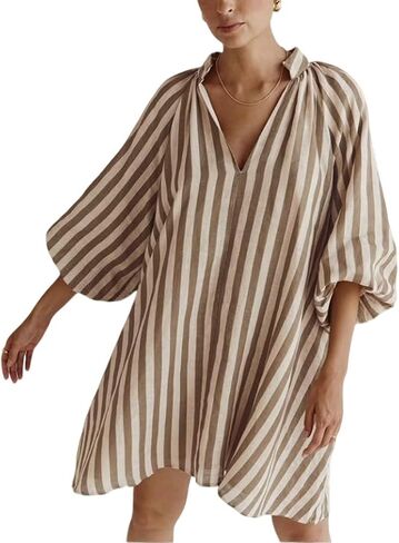 CHARTOU Women Summer Striped Beach Vacation Mini Dress 3/4 Sleeve Boho Chic Outfits Tunic Shift Dress in Saudi Arabia