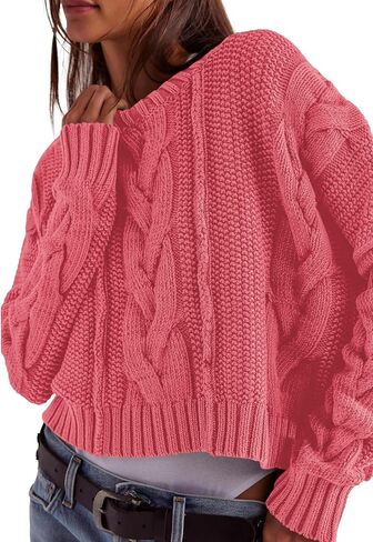Panadila Womens Cropped Sweater Crew Neck Cable Knit Sweater Ribbed Long Sleeve Top Soft Boxy Pullover (Mauve,M) in Kuwait