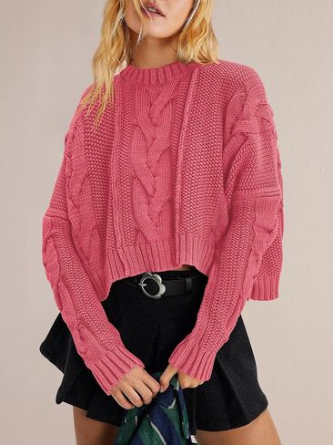 Panadila Womens Cropped Sweater Crew Neck Cable Knit Sweater Ribbed Long Sleeve Top Soft Boxy Pullover (Mauve,M) in Kuwait