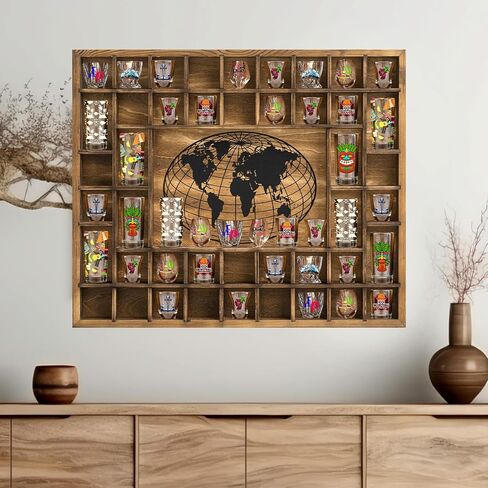 خريطة العالم 68 فتحات زجاجية طلقة زجاجية 39 × 28 '' كبيرة ريفي بني طلقة الزجاج حامل 7 حجم منظم الحائط in Kuwait