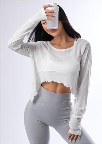 SweatyRocks Women's Long Sleeve Workout Shirt Sheer Asymmetrical Athletic Crop Tops in Saudi Arabia