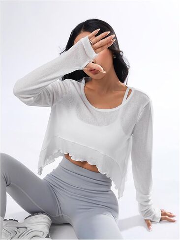 SweatyRocks Women's Long Sleeve Workout Shirt Sheer Asymmetrical Athletic Crop Tops in Saudi Arabia