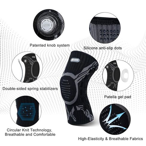 Kuangmi Knob Knee Brace for Pain Relief, Knee Support with Patella Gel Pad & Side Stabilizers, Compression Knee Sleeve for Workout, Arthritis, Joint Pain, Meniscus Tear (Black,Left,Large,Single) in Kuwait