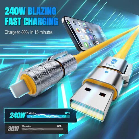 4 in 1 Multi USB Charging Cable 240W Compatible with iPhone iPad Galaxy MacBook Tablets and More, Fast Charging Charger Cord USB A to USB C to USB C, Chubby Cable - (1Pack, 5FT) in Kuwait