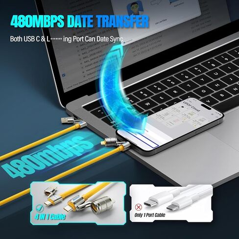 4 in 1 Multi USB Charging Cable 240W Compatible with iPhone iPad Galaxy MacBook Tablets and More, Fast Charging Charger Cord USB A to USB C to USB C, Chubby Cable - (1Pack, 5FT) in Kuwait