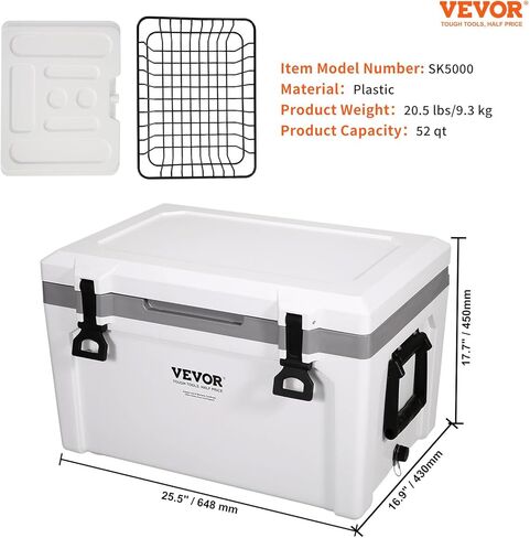 VEVOR Ultra-Light Hard Cooler, Ice Retention Cooler with Heavy Duty Handle, Ice Chest Lunch Box for Camping, Travel, Outdoor, Keeps Cool for up to 6 Days, 30% Lighter Than Rotomolded Coolers in Kuwait