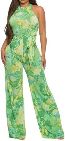 Women's Halter Neck Wide Leg Jumpsuit, Tie Waist, Green Yellow Marble Print in Saudi Arabia