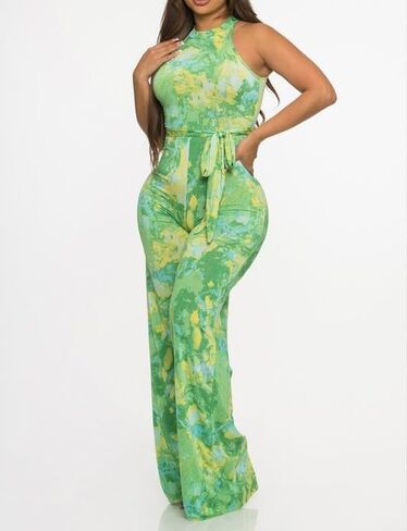 Women's Halter Neck Wide Leg Jumpsuit, Tie Waist, Green Yellow Marble Print in Saudi Arabia