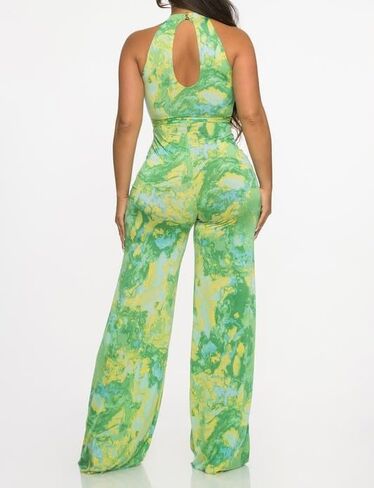 Women's Halter Neck Wide Leg Jumpsuit, Tie Waist, Green Yellow Marble Print in Saudi Arabia