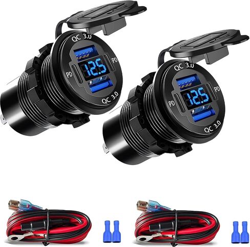 1 Pack 12V USB Outlet, Waterproof Marine USB Port with Voltmeter | Dual PD & QC 78W Fast Charging, 4 Ports, Aluminum Alloy, IP67, 12-24V, Cigarette Lighter Replacement in Kuwait