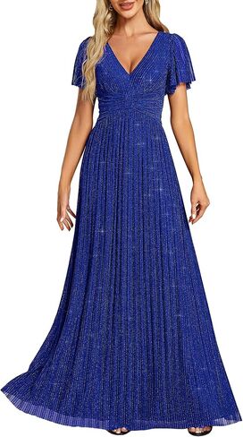 Ever-Pretty Women's V Neck Glitter Pleated Short Sleeves Floor Length A Line Formal Evening Dresses in Saudi Arabia