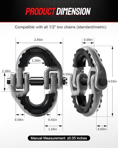 DAYDOOR 1/2" Safety Chain Connector Link, G80 Tow Hitch Hammerlock Coupling Link with 12000 lbs Capacity, Tow Chain Connector with Rubber Isolators for Trucks, Trailers, SUVs(2-Pack) (Black) in Kuwait