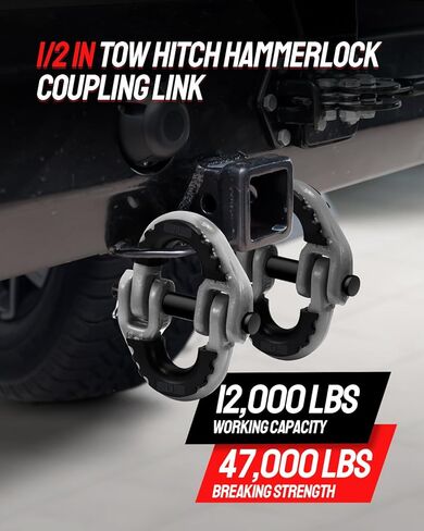 DAYDOOR 1/2" Safety Chain Connector Link, G80 Tow Hitch Hammerlock Coupling Link with 12000 lbs Capacity, Tow Chain Connector with Rubber Isolators for Trucks, Trailers, SUVs(2-Pack) (Black) in Kuwait