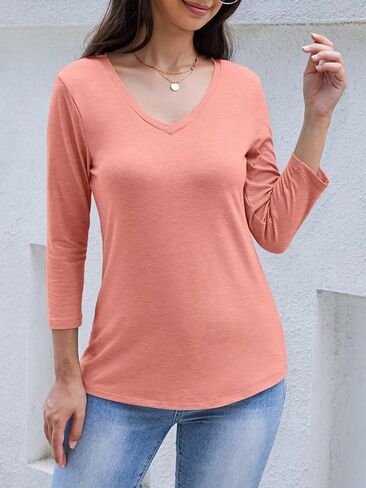 تي شيرت نسائي بياقة على شكل V وأكمام 3/4 تي شيرت أساسي بحاشية منحنية تي شيرت فضفاض غير رسمي مناسب 2025 in Kuwait