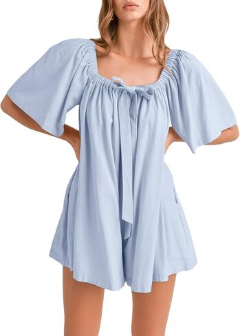 Cicy Bell Womens Summer Square Neck Romper Short Sleeve Backless Tie Front Flowy Short Jumpsuit Beach Vacation Outfits in Saudi Arabia