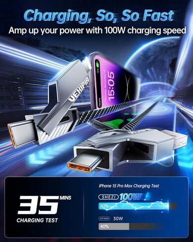 4-in-1 USB C Cable 100W 5FT Fast Charging Flat Nylon Braided for iPhone iPad Charger Cord [480Mbps Data Sync] Multi Charge Cable with L/Type C/USB A Port [SHEZI Series], Grey, L1-100W-5FT-GY in Kuwait