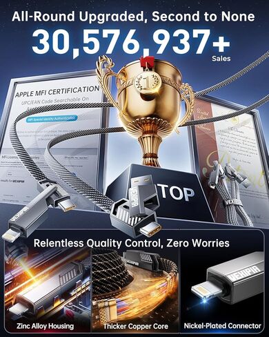 4-in-1 USB C Cable 100W 5FT Fast Charging Flat Nylon Braided for iPhone iPad Charger Cord [480Mbps Data Sync] Multi Charge Cable with L/Type C/USB A Port [SHEZI Series], Grey, L1-100W-5FT-GY in Kuwait