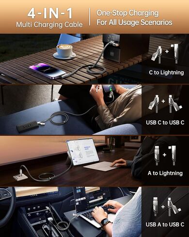 4-in-1 USB C Cable 100W 5FT Fast Charging Flat Nylon Braided for iPhone iPad Charger Cord [480Mbps Data Sync] Multi Charge Cable with L/Type C/USB A Port [SHEZI Series], Grey, L1-100W-5FT-GY in Saudi Arabia