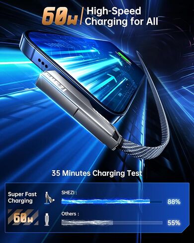 4-in-1 USB C Cable 100W 5FT Fast Charging Flat Nylon Braided for iPhone iPad Charger Cord [480Mbps Data Sync] Multi Charge Cable with L/Type C/USB A Port [SHEZI Series], Grey, L1-100W-5FT-GY in Saudi Arabia