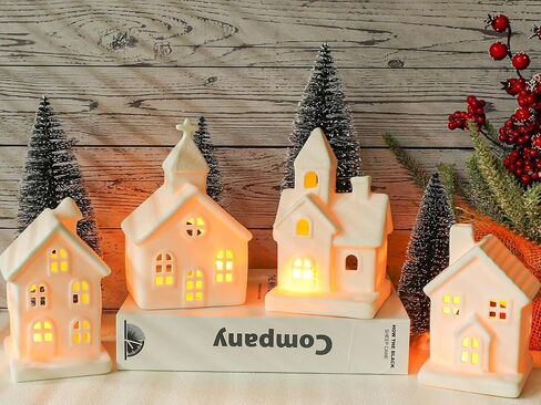 ZTL 7PCS Christmas Village Sets - 3 LED Lighted Ceramic White Christmas Village Houses with Remote & 4 Trees, Porcelain Miniature Christmas Figurines Decorations for Home Tabletop Mantel Shelf Decor in Saudi Arabia