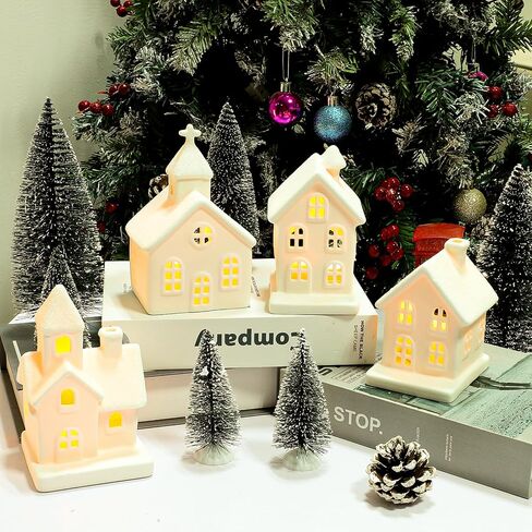 ZTL 7PCS Christmas Village Sets - 3 LED Lighted Ceramic White Christmas Village Houses with Remote & 4 Trees, Porcelain Miniature Christmas Figurines Decorations for Home Tabletop Mantel Shelf Decor in Saudi Arabia