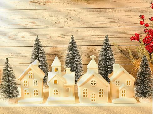 ZTL 7PCS Christmas Village Sets - 3 LED Lighted Ceramic White Christmas Village Houses with Remote & 4 Trees, Porcelain Miniature Christmas Figurines Decorations for Home Tabletop Mantel Shelf Decor in Saudi Arabia