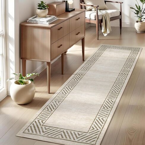 GarveeHome 2x6 Modern Bordered Runner Rug Soft Non Slip Runner Washable Non Shedding Floor Carpet, Distressed Geometric Hallway Runner, Indoor Printed Runner for Kitchen, Entrance, Gray in Saudi Arabia