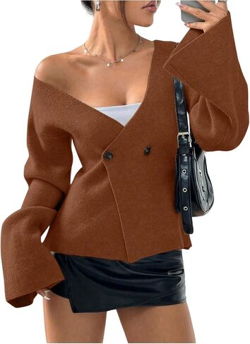 Verdusa Women's V Neck Button Wrap Sweater Flare Sleeve Lightweight Cardigans in Saudi Arabia