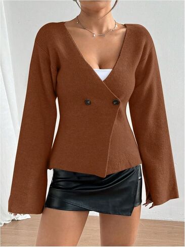 Verdusa Women's V Neck Button Wrap Sweater Flare Sleeve Lightweight Cardigans in Saudi Arabia