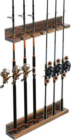 MyGift Horizontal Fishing Rod Holder, Deluxe Rustic Burnt Solid Wood Wall or Ceiling Mounted Fishing Pole/Rod Storage Organizer Rack, Holds 5 Rods in Kuwait