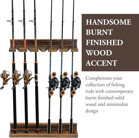 MyGift Horizontal Fishing Rod Holder, Deluxe Rustic Burnt Solid Wood Wall or Ceiling Mounted Fishing Pole/Rod Storage Organizer Rack, Holds 5 Rods in Kuwait