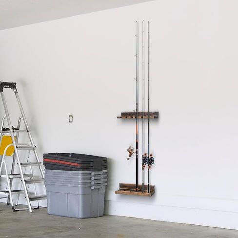 MyGift Horizontal Fishing Rod Holder, Deluxe Rustic Burnt Solid Wood Wall or Ceiling Mounted Fishing Pole/Rod Storage Organizer Rack, Holds 5 Rods in Kuwait