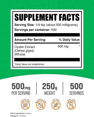BulkSupplements.com Oyster Extract Powder - Oyster Supplement, from Whole Oyster Shells, Oyster Powder - Gluten Free, 500mg per Serving, 100g (3.5 oz) (Pack of 1) in Saudi Arabia
