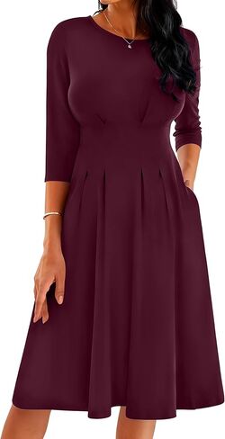 Nmoder Women's Church Midi Dress Cocktail A Line 3/4 Sleeve Crew Neck Pleated Waisted Casual Dresses with Pockets in Kuwait