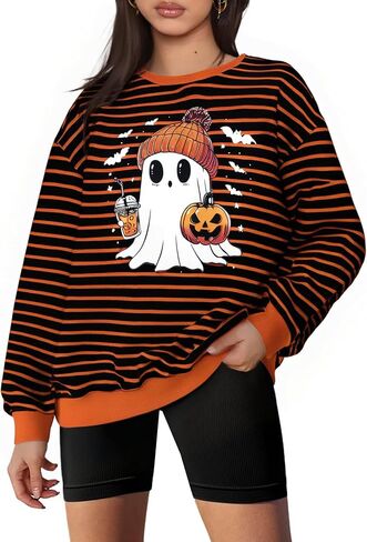 MYHALF Halloween Sweatshirts for Women Ghost Pumpkin Sweater Cute Spooky Coffee Graphic Pullover Shirts in Saudi Arabia