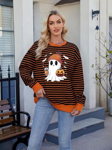 MYHALF Halloween Sweatshirts for Women Ghost Pumpkin Sweater Cute Spooky Coffee Graphic Pullover Shirts in Saudi Arabia