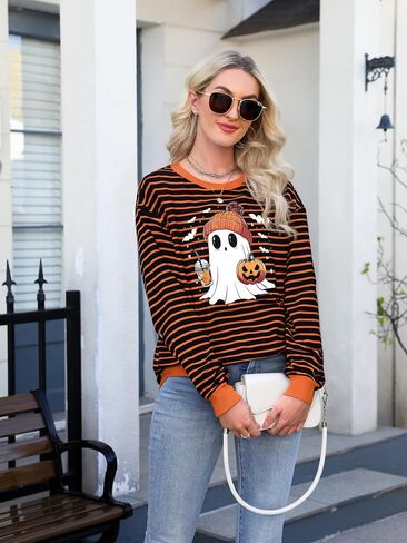 MYHALF Halloween Sweatshirts for Women Ghost Pumpkin Sweater Cute Spooky Coffee Graphic Pullover Shirts in Saudi Arabia