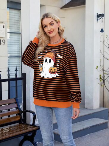 MYHALF Halloween Sweatshirts for Women Ghost Pumpkin Sweater Cute Spooky Coffee Graphic Pullover Shirts in Saudi Arabia